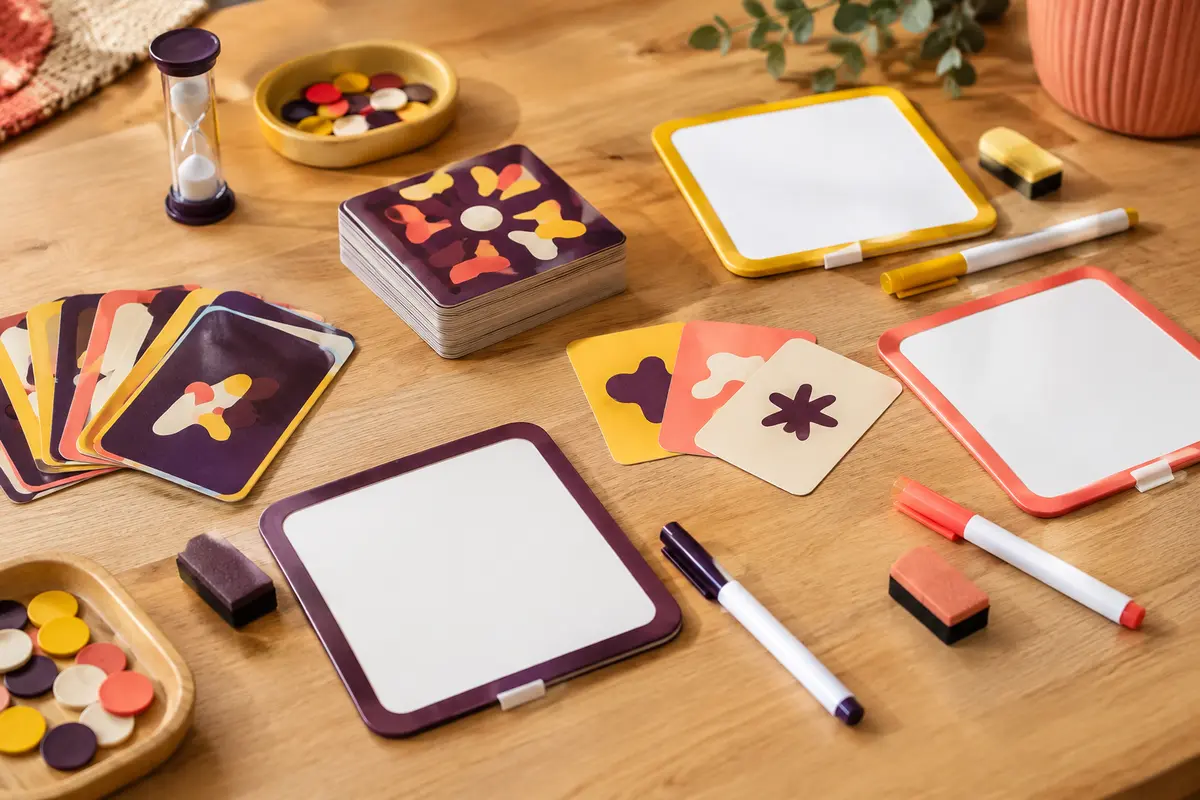 Cartes, tableaux effaçables et crayons d’un jeu coopératif de mots sur une table en bois clair.
