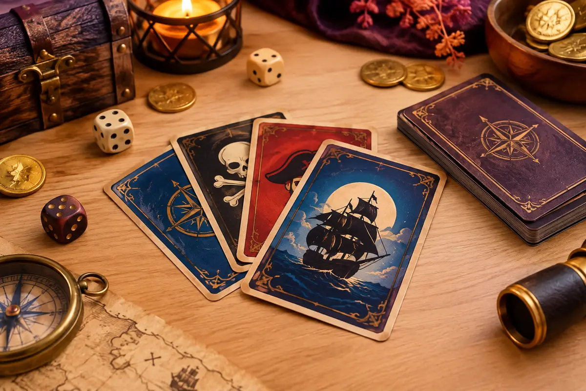 Cartes de jeu aux détails bleu, rouge et noir disposées sur une table en bois clair.