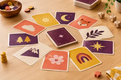 Cartes multicolores de One Round disposées en cercle sur une table de jeu en bois clair