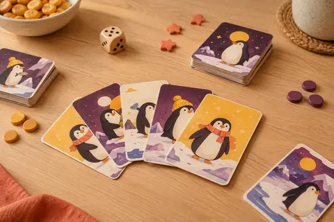 Cartes illustrées de pingouins disposées sur une table en bois clair aux accents safran et corail