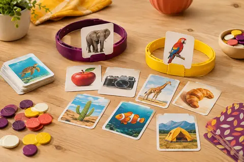 Cartes illustrées, jetons et bandeaux du jeu de devinettes Devine Tête sur une table en bois clair.
