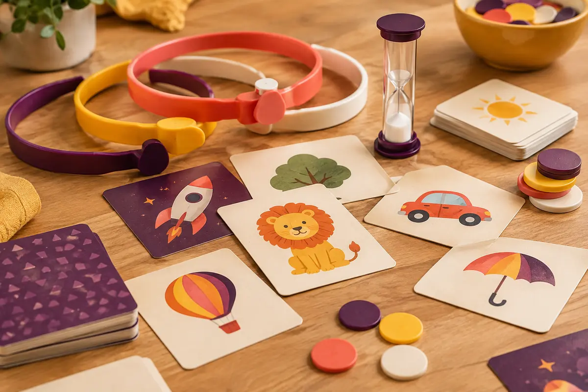 Bandeaux multicolores, cartes illustrées, badges et minuteur du jeu de devinettes Hedbanz sur une table