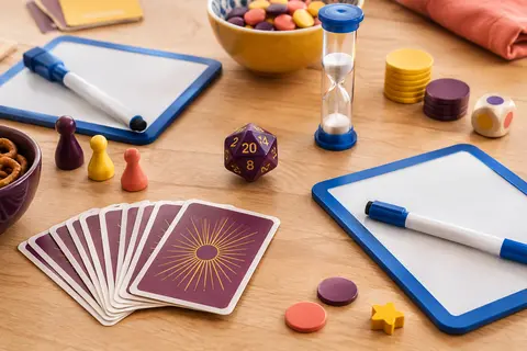 Dé, cartes, ardoises, stylos et sablier d’un jeu de petit bac sur une table en bois clair