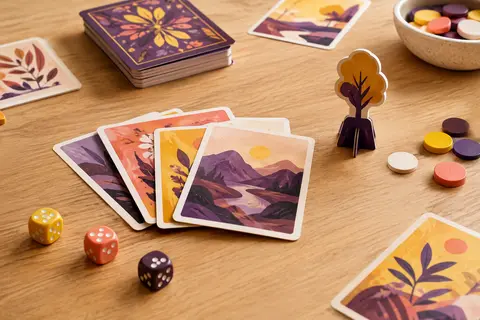 Jeu de cartes multicolores avec jetons et standee disposés sur une table de jeu en bois clair