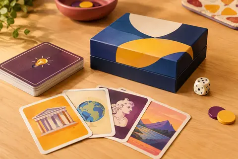 Cartes de quiz et dé près d’une boîte bleue, sur une table en bois clair aux tons chaleureux.