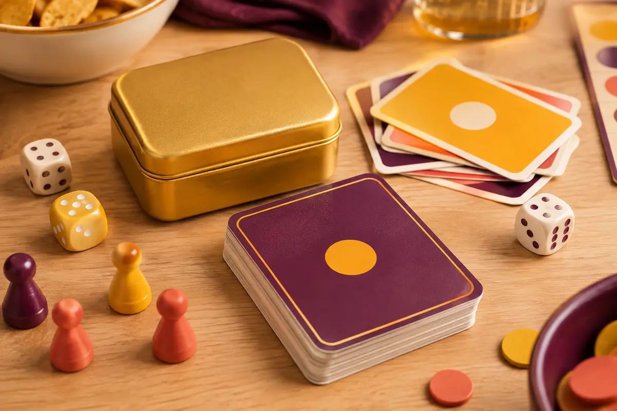 Étui plastique doré et cartes de quiz posés sur une table de jeu en bois clair avec des dés.