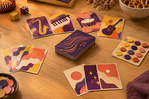 Cartes en carton et jetons du jeu d’improvisation rap disposés sur une table en bois clair.