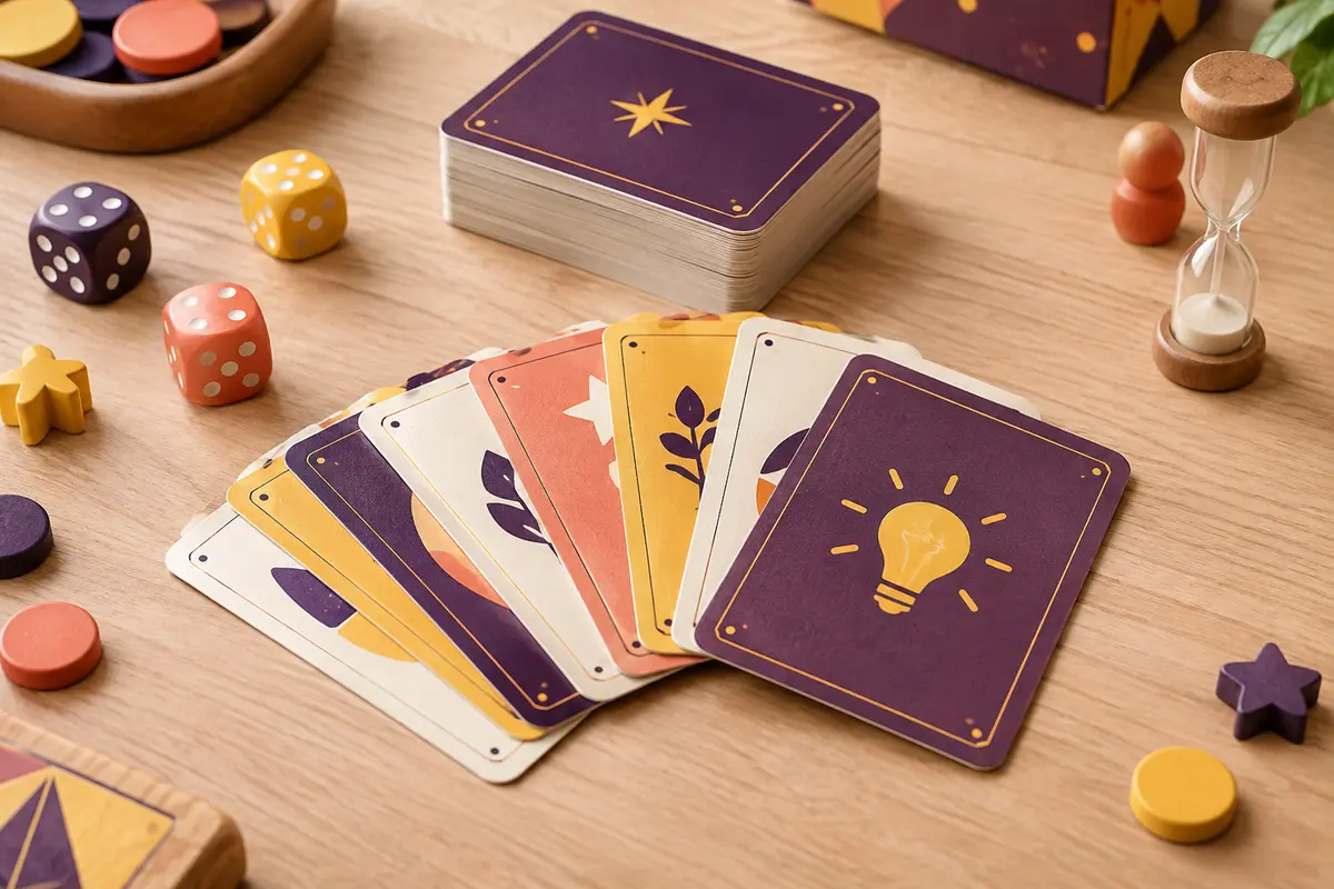 Cartes de quiz en carton disposées sur une table de jeu en bois clair avec quelques accessoires colorés.