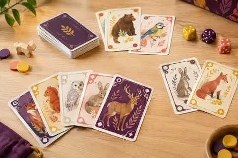Cartes illustrées d’animaux et signes colorés disposées sur une table de jeu en bois clair.
