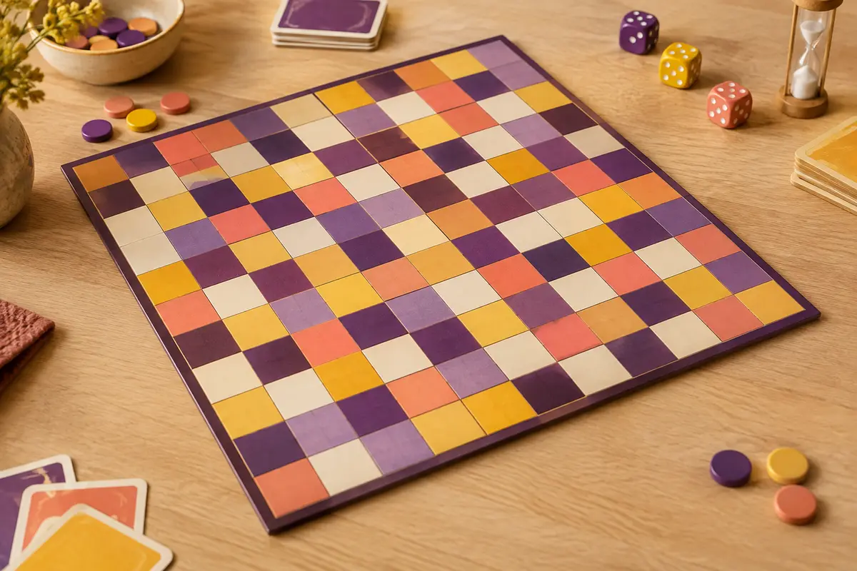 Plateau de jeu composé de nombreuses cases colorées, posé sur une table en bois clair.