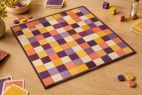 Plateau de jeu composé de nombreuses cases colorées, posé sur une table en bois clair.