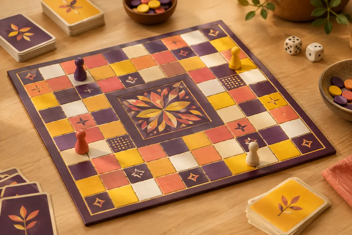 Plateau carré aux nombreuses nuances colorées posé sur une table de jeu en bois clair
