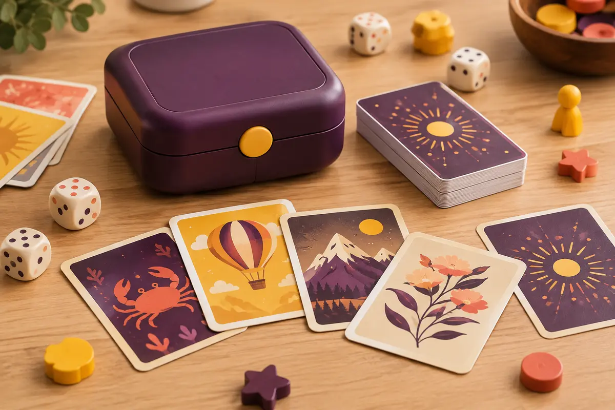 Boîtier compact et cartes illustrées du quiz Friends disposés sur une table en bois clair.