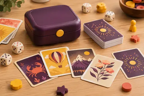 Boîtier compact et cartes illustrées du quiz Friends disposés sur une table en bois clair.