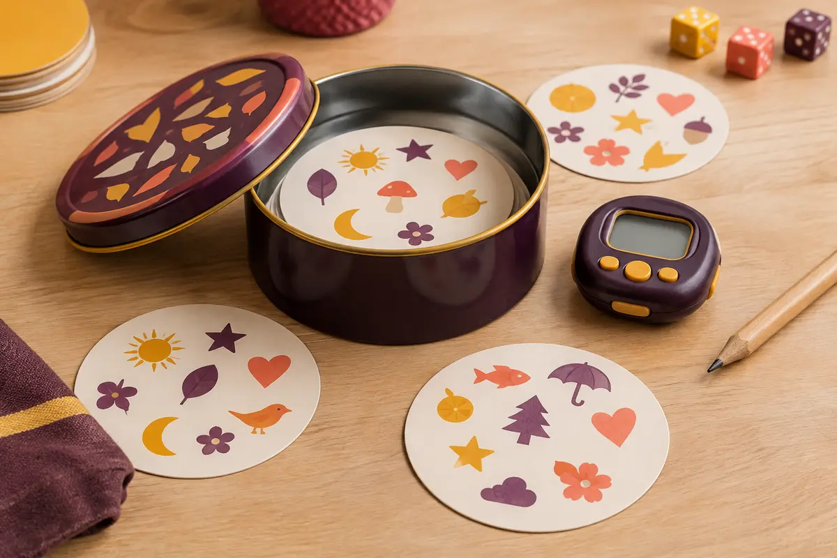 Cartes rondes, boîte en métal et chronomètre électronique réunis sur une table de jeu en bois clair.