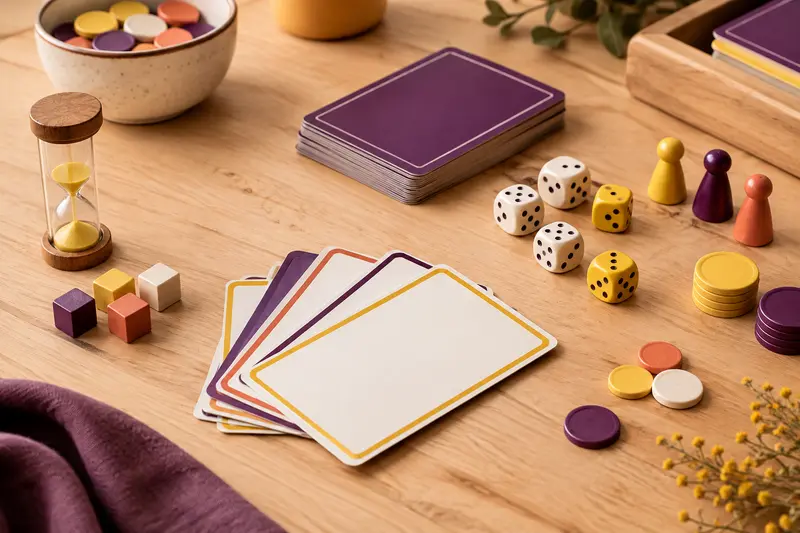 Accessoires de jeu disposés sur une table claire, dans une ambiance colorée et conviviale.