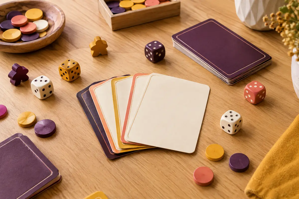 Cartes, dés et accessoires de jeu sur une table en bois clair aux tons chaleureux.